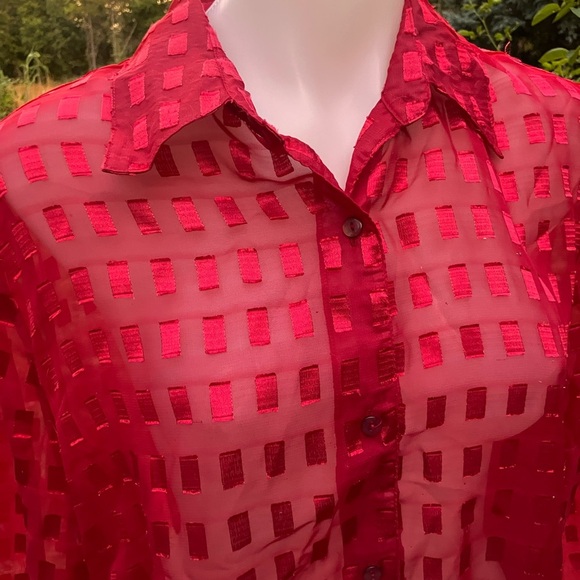 Early 90’s window pane blouse Sheer Red Button-Up long top XL with tags - Picture 2 of 7